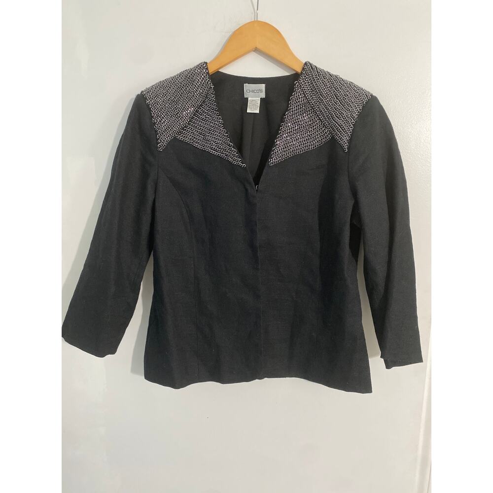 Chico’s linen blazer jacket women’s size M black chain link embellished career